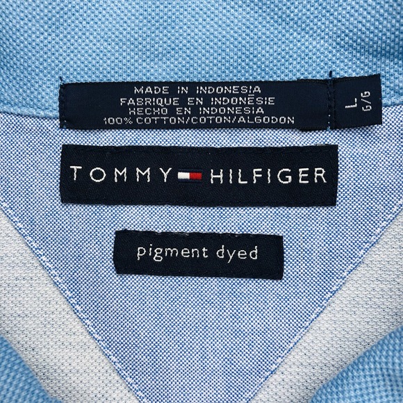 Y2K Tommy Hilfiger Polo Shirt Mens LARGE Blue Colorblock Stripe Flag Loop Collar - Picture 9 of 16